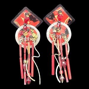 Vintage Artisan 80s Red Black Iridescent Pierced Earrings Mixed Media Statement